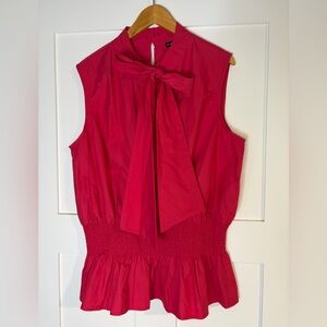 18 Centimeters Pink Bow Neck Smocked Waist Peplum Blouse Womens 2X  Top